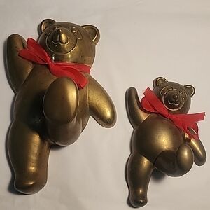 2 Teddy Bear Brass Hooks Wall Hanging Decor Robe Coat Towel Hanger Vintage